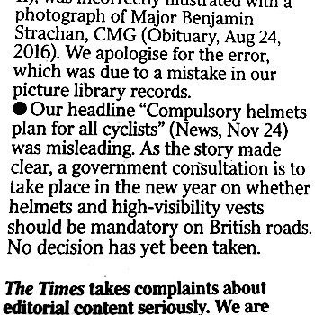 The Times retracts its false cycle-helmet compulsion cover story