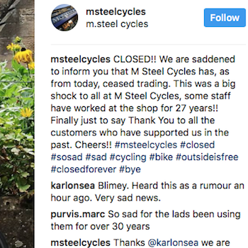 Tyneside’s M Steel Cycles shuts (it’s been trading since 1894)