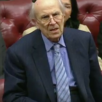 Lord Tebbit gripes about cyclists; heckler yells “get on your bike!”