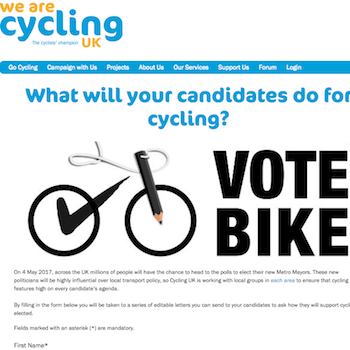 Cycling UK creates online “vote bike” tool to influence Metro Mayors