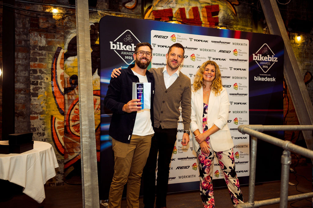 BikeBiz Awards 2025, Nic Vieri winner of mechanic of the Year pictured with the host 