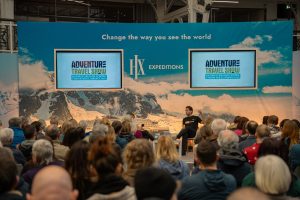 Gravel and Adventure bike expo speaker on stage Debut Gravel & Adventure Bike Expo proves a successful addition to the Adventure Travel Show