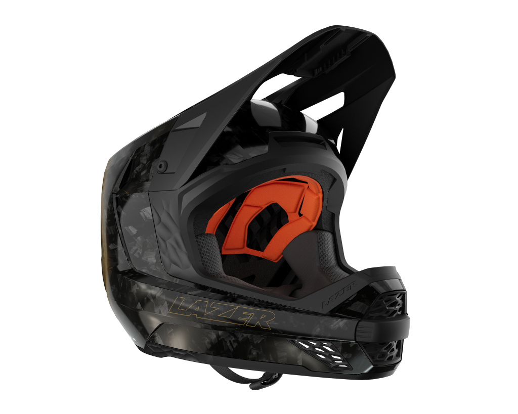 MY27 A line Carbon Black Gold angle Lazer introduces A-Line KinetiCore – Lazer’s premium full-face helmet made from carbon