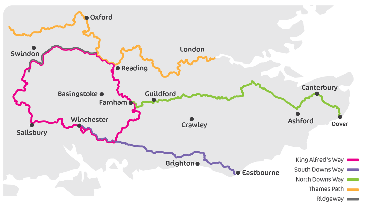 Map King Alfreds Way and other trails with legend Cycling UK unveils new 350km off-road bike route in southern England