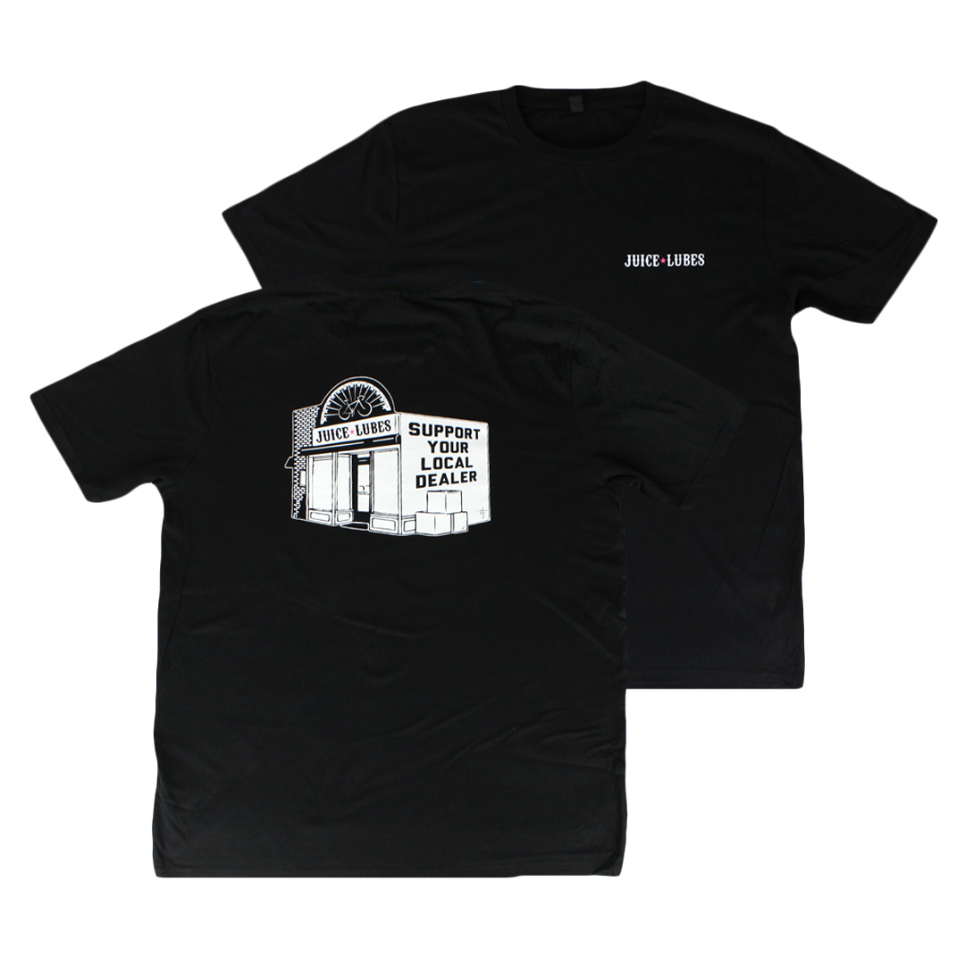 Support Local dealer Tee Front Back Juice Lubes offer dealers free t-shirts after record-breaking in-store sales