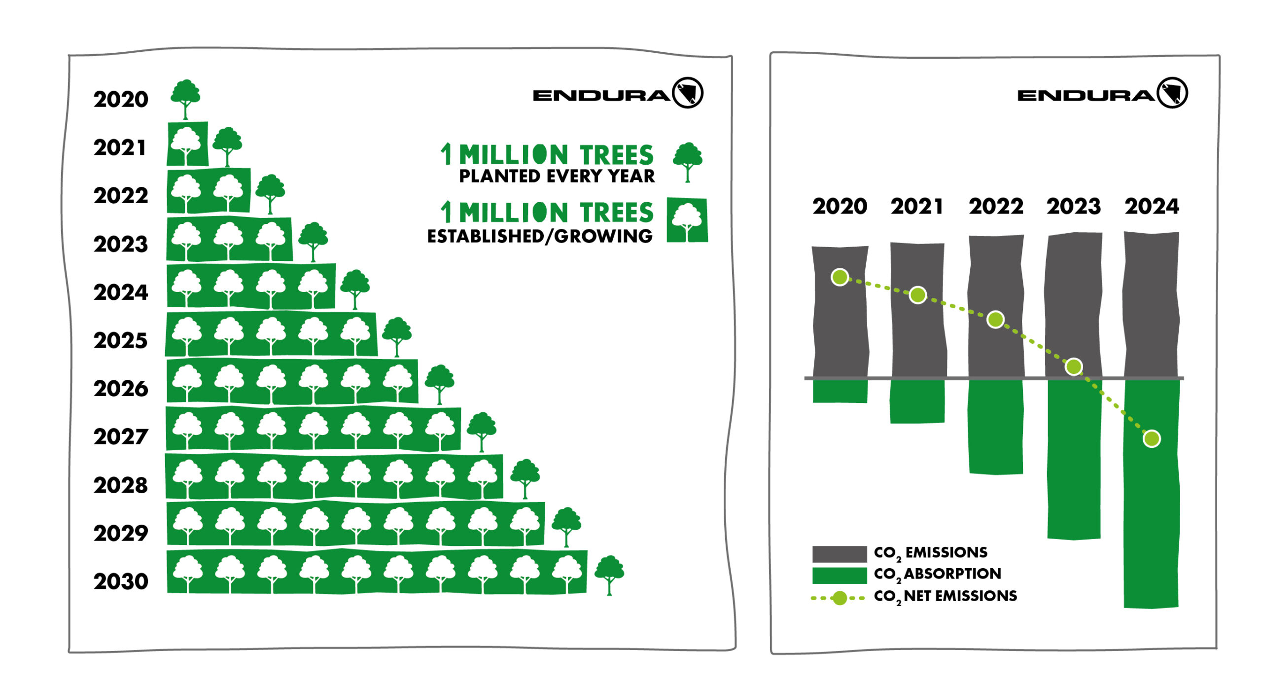 Sustainability Icons Graphs scaled Endura plants over 1.3 million trees in 2020, aiming to be carbon negative by 2024