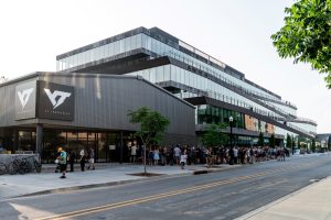 YT MILL BV crowd outside YT Industries open flagship YT Mill Bentonville Experience Centre